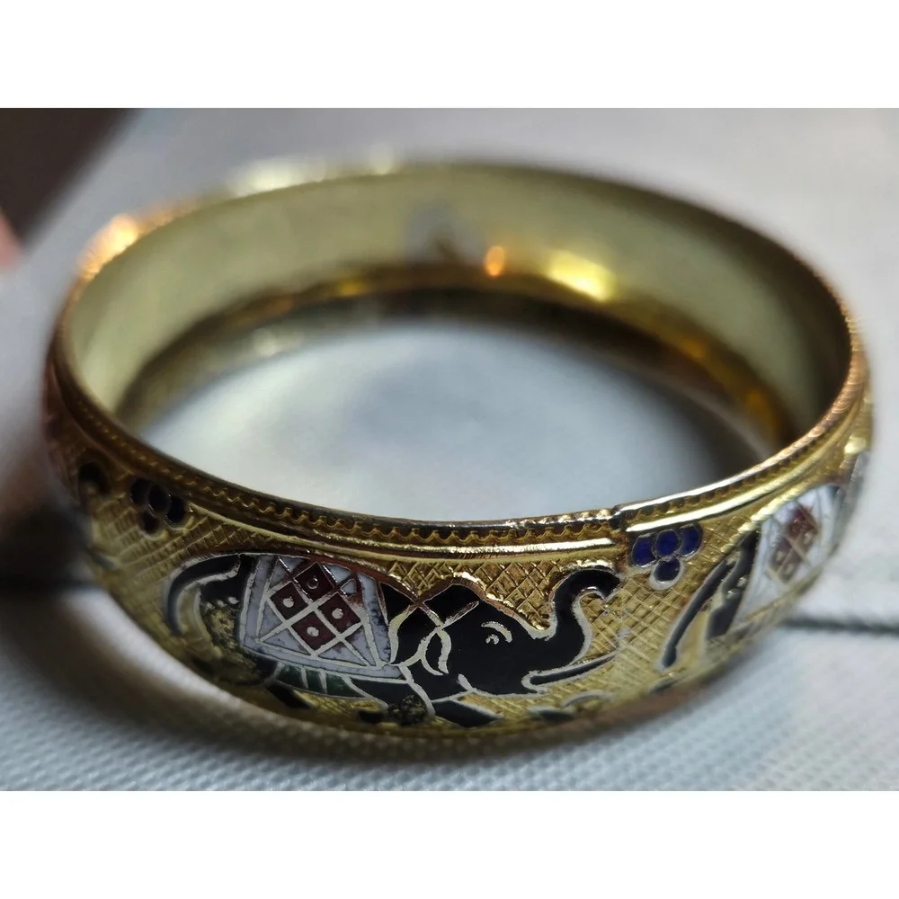 Vintage Cloisonne Gold Tone‎ Enamel Elephant Bangle Bracelet Multi Color